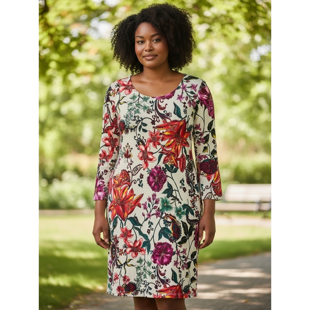 Glamour Sheath Dress Women Floral Bell Sleeve Cream Red Purple Size 8 Excellent